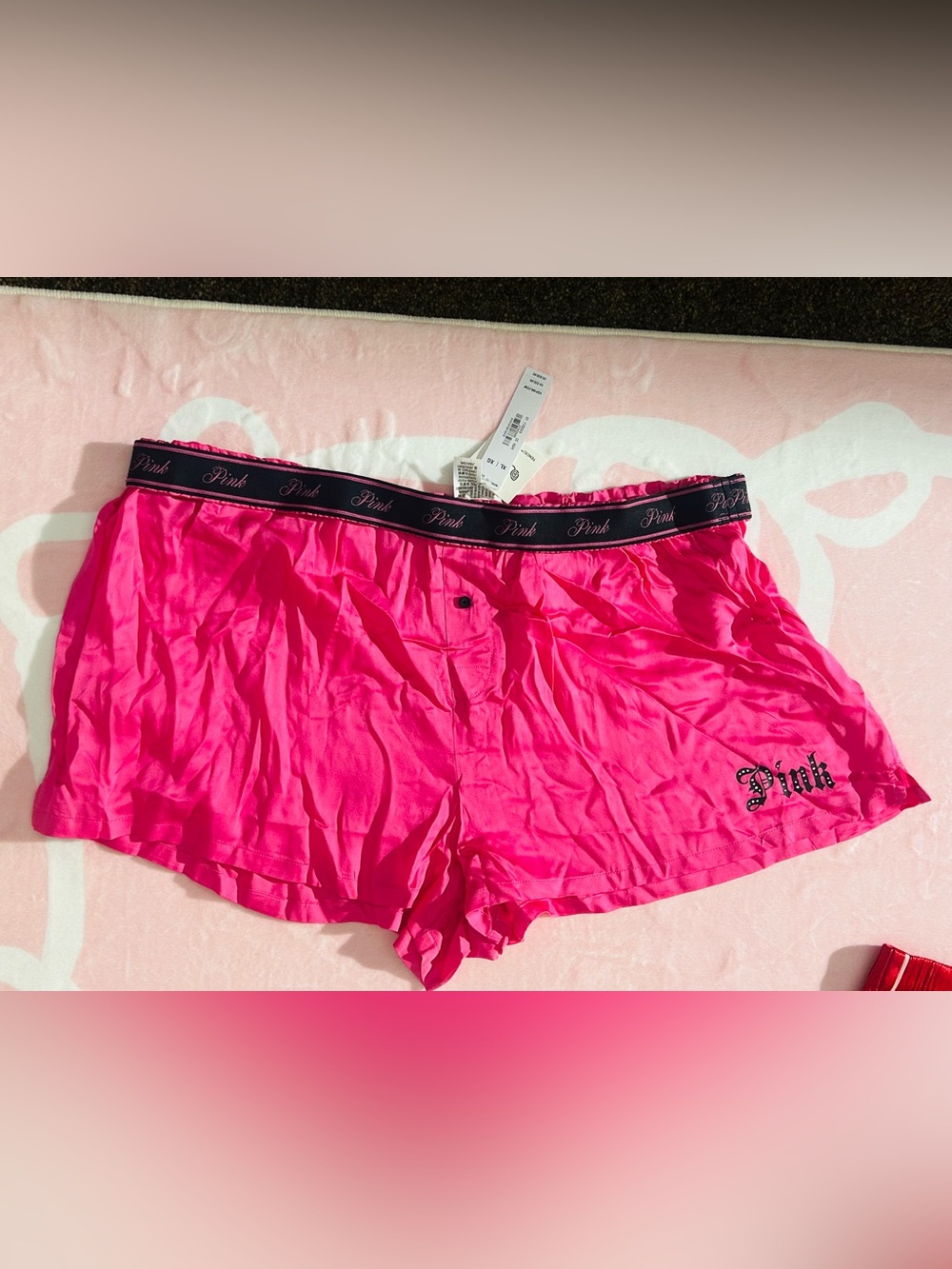 PINK Victoria's Secret Hot Pink Satin Sleep Shorts with Logo Waistband